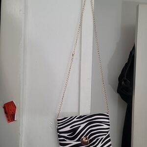 Snakeskin Print Hand Bag with Gold Crossbody Chain or Strap to carry Purse.